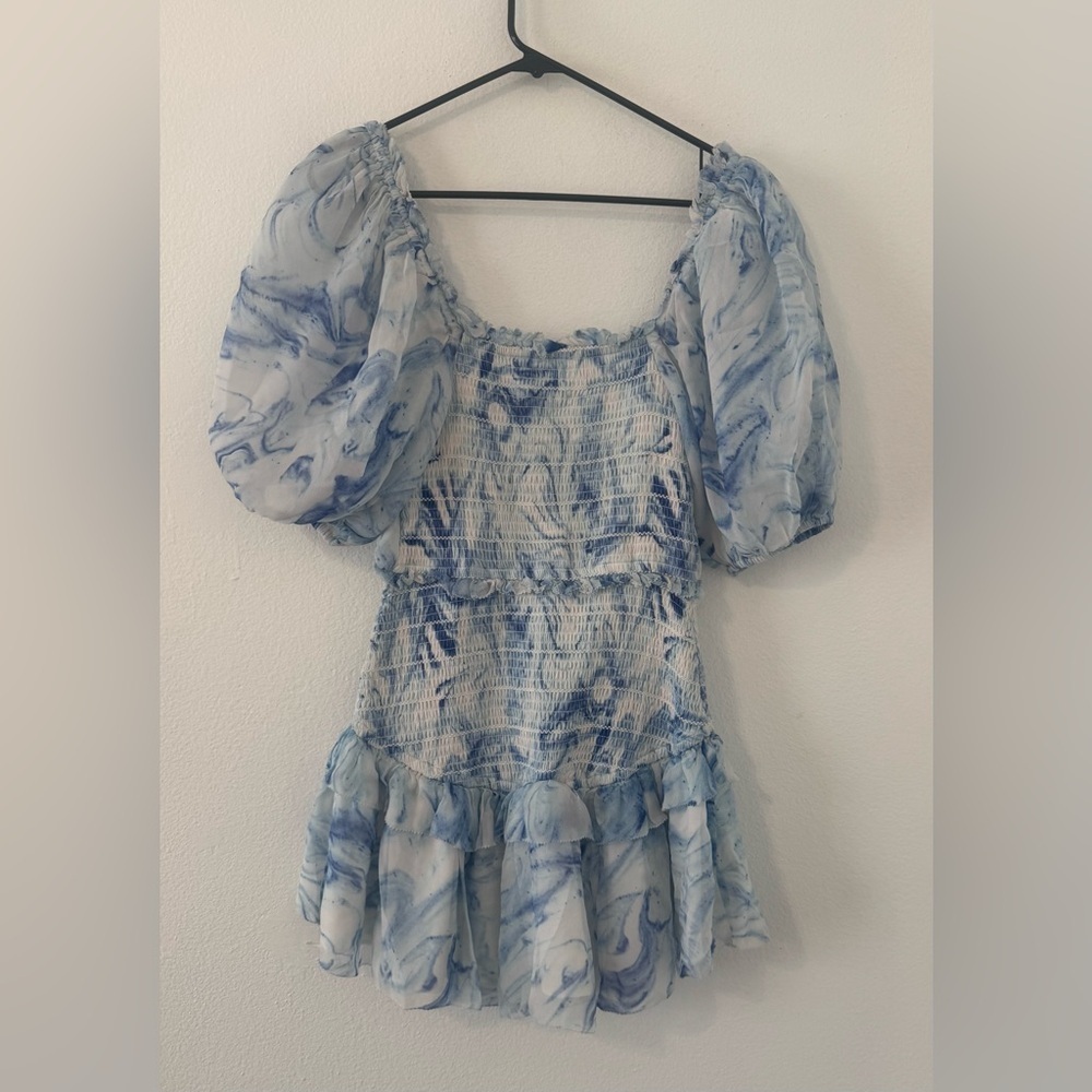 Saylor Violette Mini Dress Ultramarine Puff Sleeves Smocked Tiered Ruffle Small - Picture 2 of 9